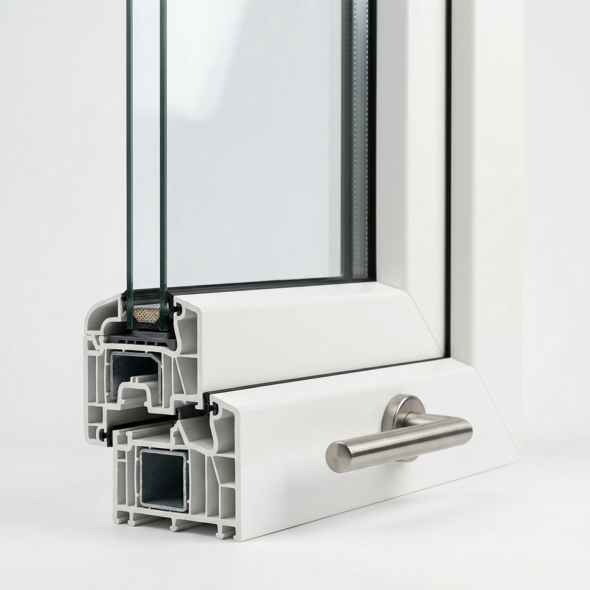 Professional-grade vinyl window frame cross-section showing multi-chamber insulation design